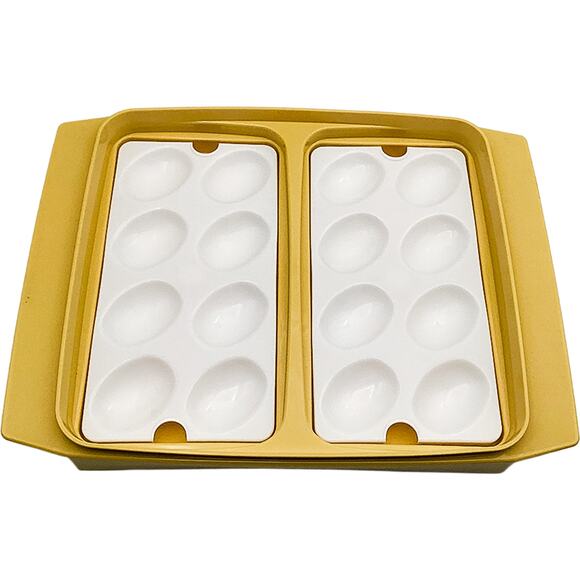 Vintage Tupperware Deviled Egg Yellow/Gold Carrier Storage w/Lid & Handles 723-4 - Picture 1 of 6